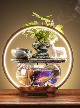 创意流水摆件客厅桌面招财玻璃鱼缸循环水族箱中式开业乔迁礼品