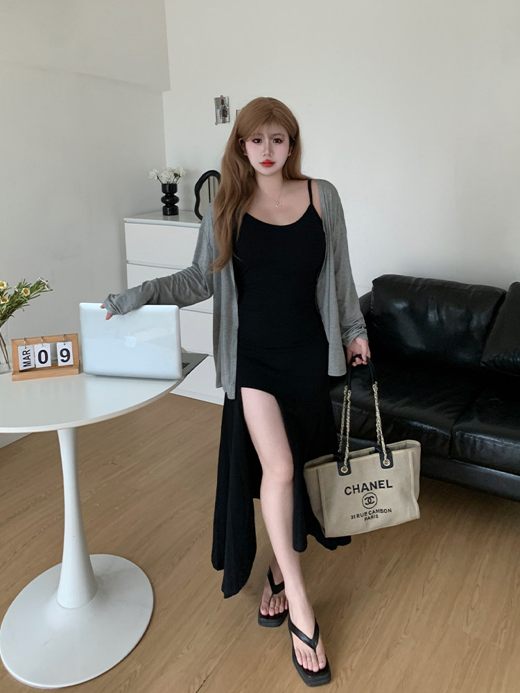 阿Yo姐姐大码辣妹小众设计感高开叉鱼尾吊带裙胖mm性感连衣裙开衫