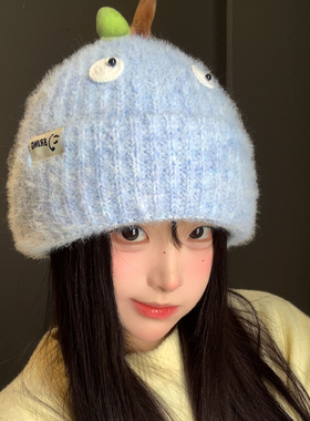 韩系浅蓝色毛绒针织帽女秋冬保暖