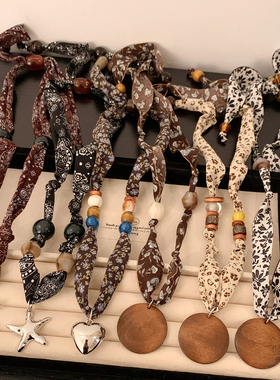 木质挂牌复古碎花串珠丝巾项链女