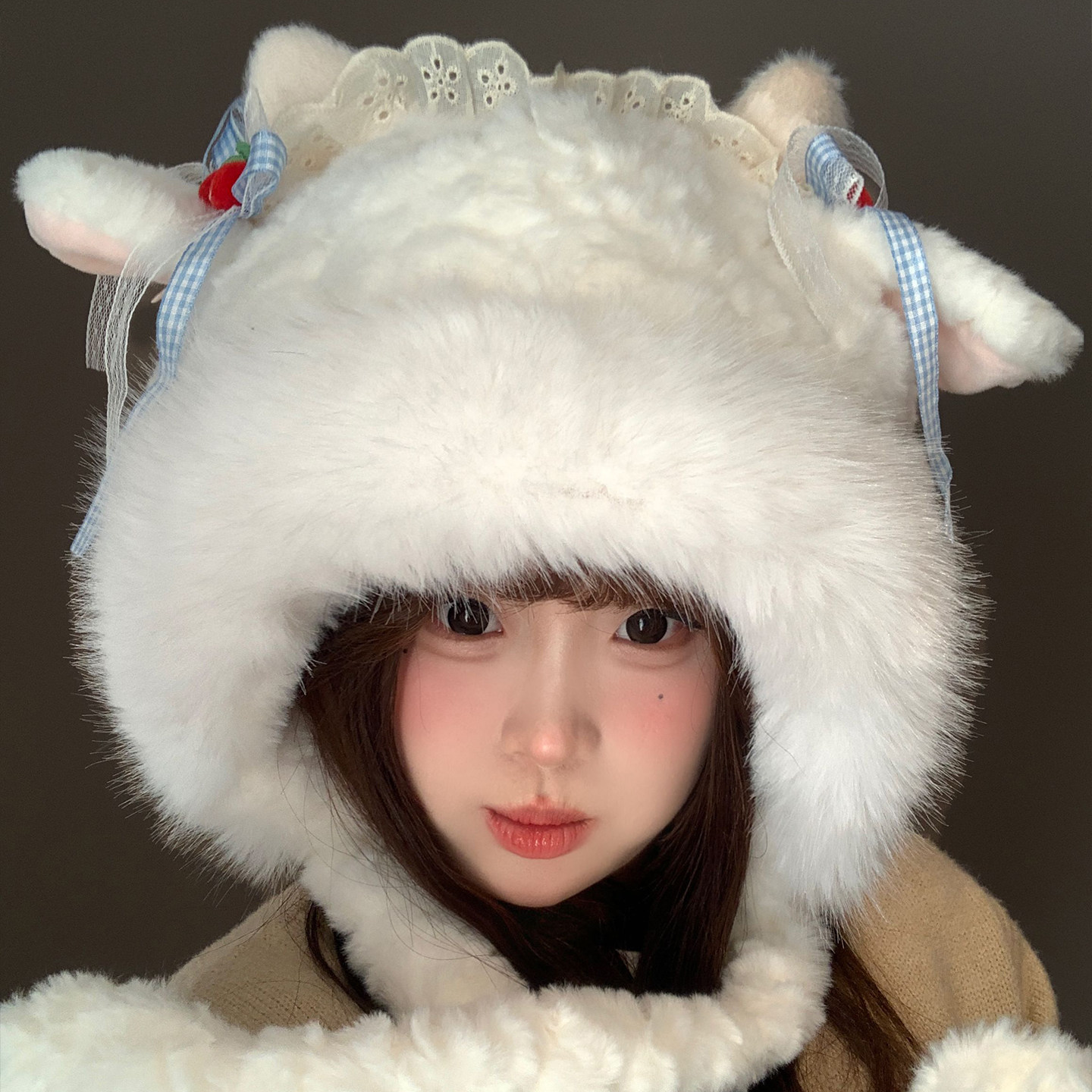 可爱小羊耳朵会动毛绒帽子女冬季加绒加厚骑行保暖甜美护耳雷锋帽,淘宝优惠券,粉丝福利购,淘宝优惠卷