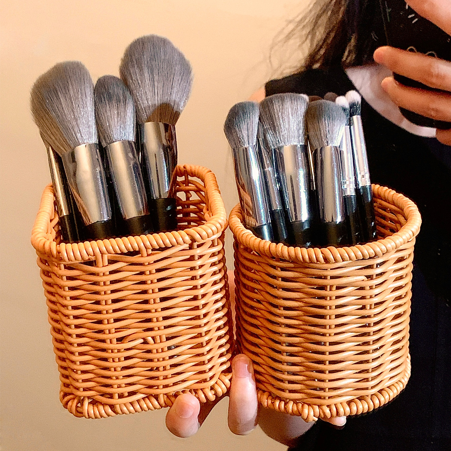 新中式复古藤编化妆刷收纳筒桌面化妆品口红置物架收纳盒笔桶新款,淘宝优惠券,粉丝福利购,淘宝优惠卷