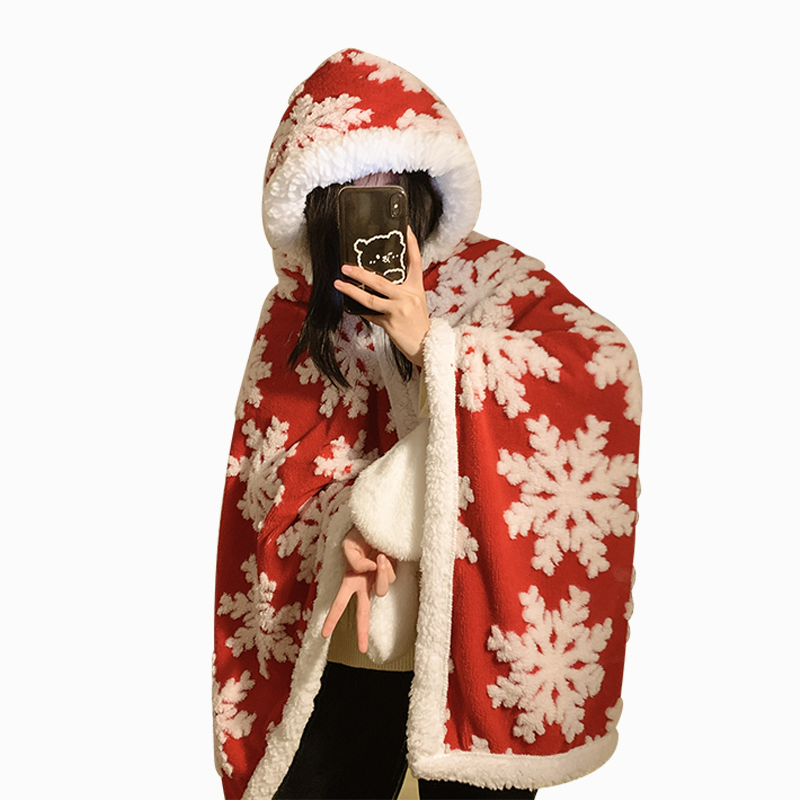 雪花红色披肩斗篷女冬季保暖办公室午睡懒人披风毯子帽子围巾手套