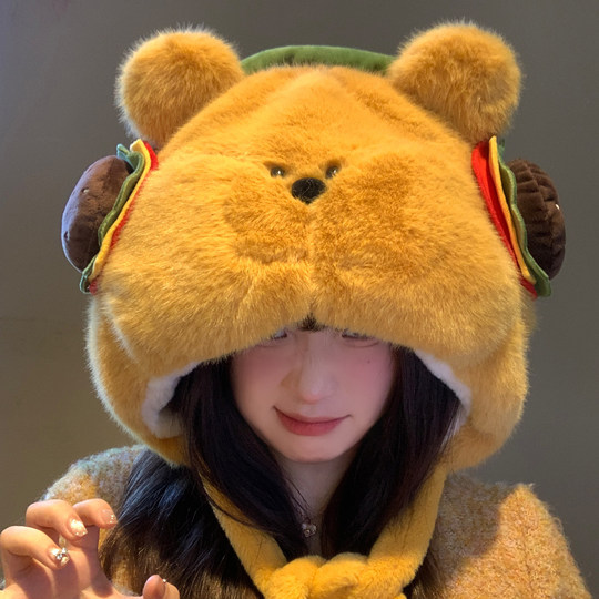Cute burger bear plush hat for women to keep warm in autumn and winter