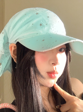 蓝色满天星绑带头巾帽子女夏季