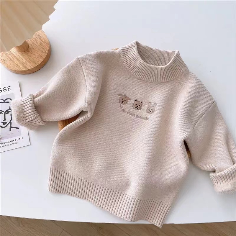 儿童秋冬一体绒加厚毛衣男女童保暖套头冬季半高领针织打底衫上衣 - 图3