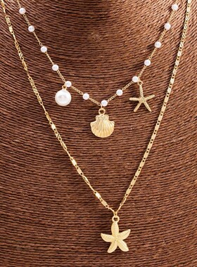 Vintage【限时特价】 中古风海星贝壳珍珠叠戴项链女锁骨链海洋风