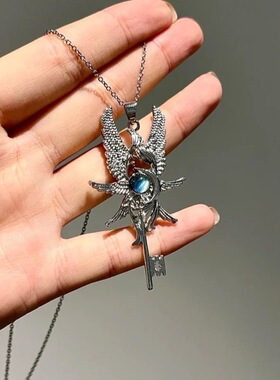 古着欧美复古月光宝石天使之翼吊坠项链时尚简约潮流男女项链饰品