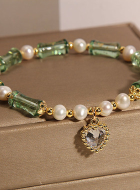 新中式绿色琉璃竹节拼接珍珠手链