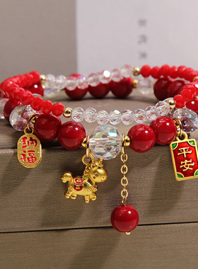 儿童手链女红色马年手串女童宝宝水晶手串饰品小女孩串珠水晶手链