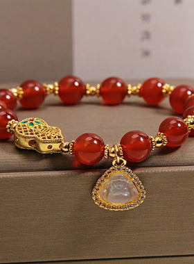 天然红玛瑙手链女轻奢小众转运珠葫芦白玉佛公本命年红色水晶手串