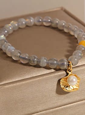 灰色月光石手链拉长石叶子手串女