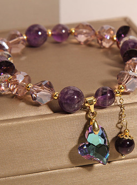 紫色水晶手链女爱心水滴吊坠手串