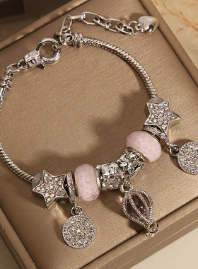 粉色琉璃珠手链女热气球吊坠手串