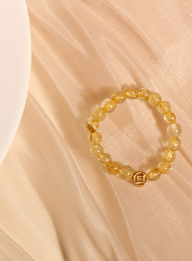 新中式天然金发晶串珠戒指女轻奢小众精致黄水晶招财转运弹力指环