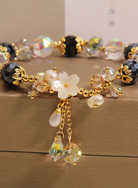 小清新气质黑色水晶手链花朵手串
