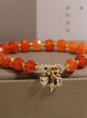 天然刻面红波斯湾水晶手链女轻奢小众微镶锆石爱心吊坠高级感手串