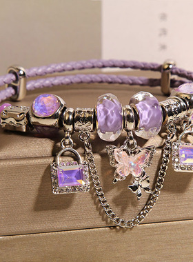 潘家紫色皮绳手链女轻奢小众精致气质甜美蝴蝶手串送女友闺蜜礼物