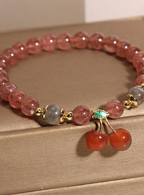 天然草莓晶手链女樱桃粉水晶手串