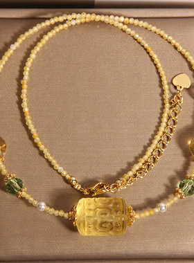 新中式天然黄水晶回纹桶珠项链女款轻奢小众高级感锁骨链复古配饰