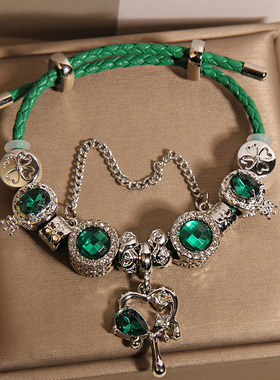 小清新森系绿色琉璃珠手链女轻奢小众精致时尚气质四叶草手串手环