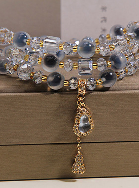 天然蓝色糖心玛瑙多层手链女轻奢小众高级感招财转运葫芦吊坠手串