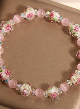 新中式粉水晶琉璃珠手链女轻奢小众高级感粉猫眼石手串送闺蜜礼物