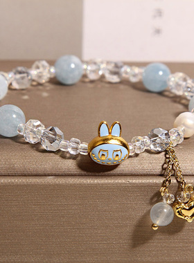 新中式海蓝宝水晶手链女轻奢小众精致百搭卡通兔子手串高级感手饰