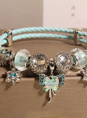 潘家天蓝色皮绳手镯女轻奢小众精致蝴蝶结吊坠手串潮流少女心手环