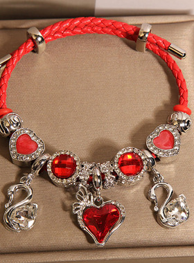 新中式红色皮绳潘家手链女款轻奢小众高级感爱心天鹅吊坠手串手环