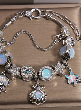 小众轻奢蓝色琉璃珠海洋主题吊坠手链精致设计感潘家风格复古手串