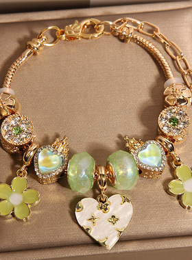 新中式荧光绿潘家手链女轻奢小众高级感爱心花朵吊坠手串手环手饰