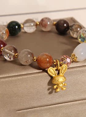 金发晶彩发晶手链女兔子吊坠手串