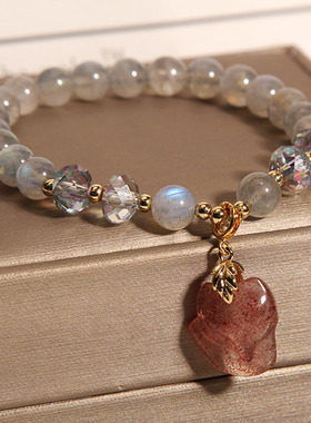 天然灰月光石狐狸吊坠水晶手链女