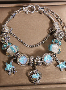 新中式蓝色琉璃珠手链女高级感轻奢五角星吊坠爱心手串送闺蜜礼物