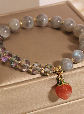 月光石灰水晶手链女草莓吊坠手串