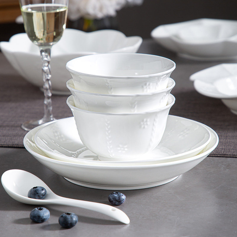 米饭碗家用白色浮雕汤碗碟盘子勺子陶瓷餐具套装微波炉洗碗机专用