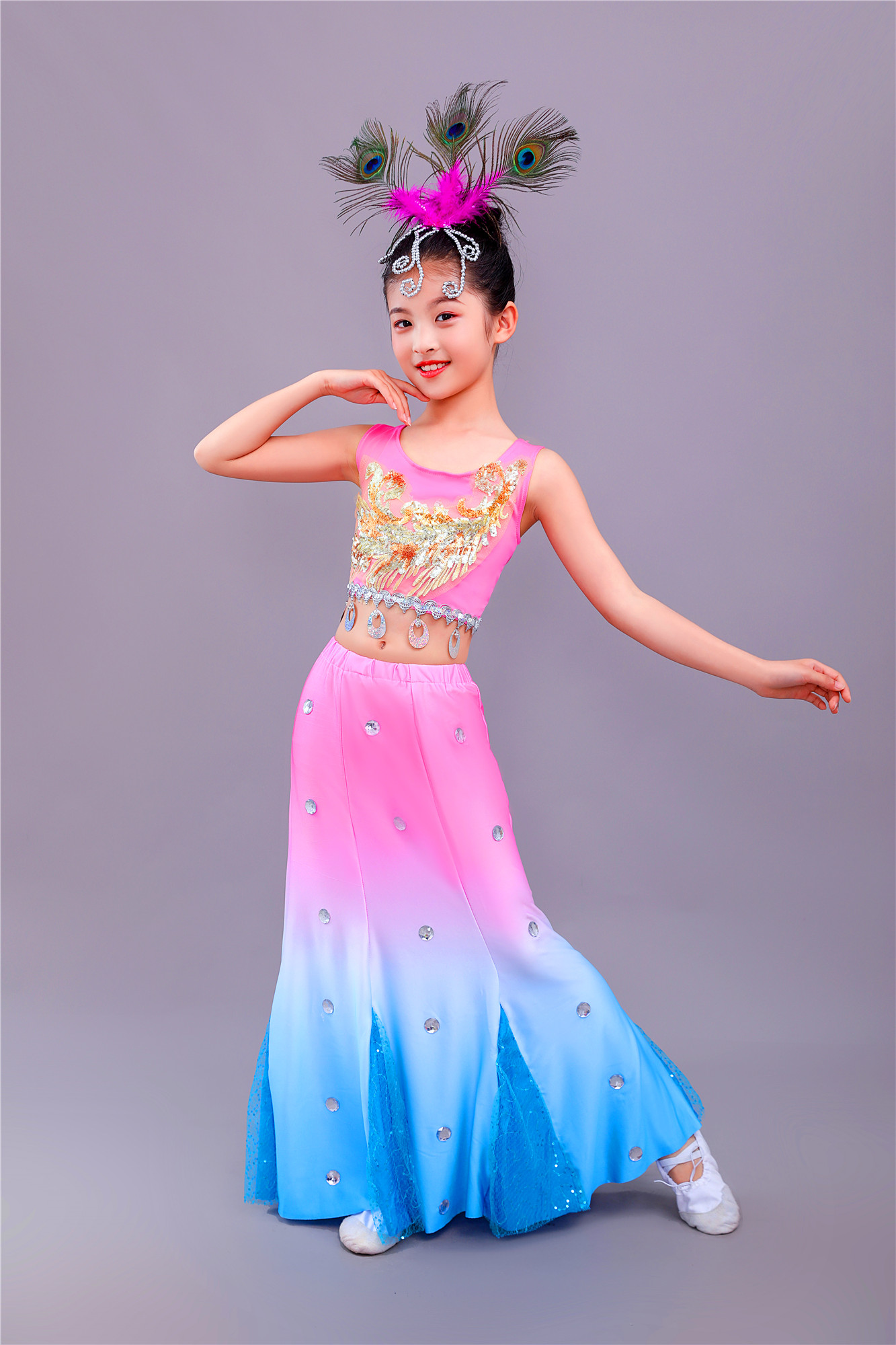 傣族舞蹈演出服儿童女童少儿鱼尾裙孔雀舞演出服装民族表演服幼儿