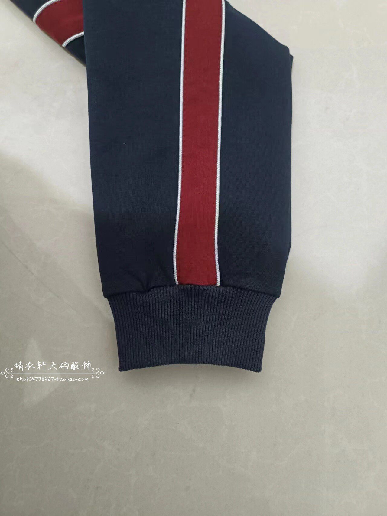 男女藏蓝色拼酒红宽杠前后夹白细条休闲裤款纯棉宽松版校服运动裤 - 图0