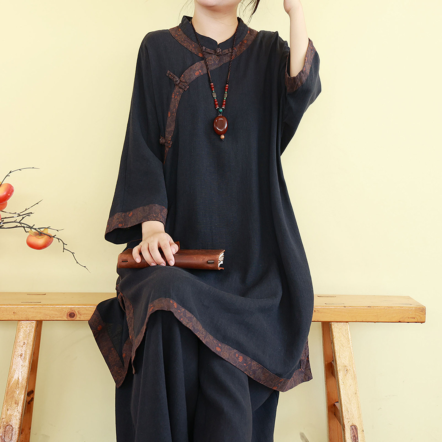 复古民国风亚麻盘扣衬衫女装春夏中长款立领上衣宽松禅意茶服拼接
