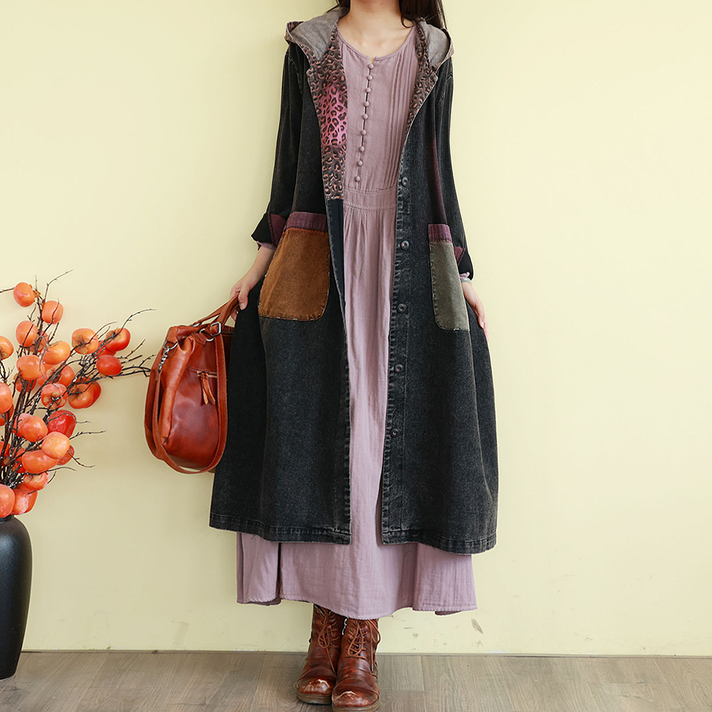 复古文艺连帽牛仔风衣外套女式春季长款过膝拼接豹纹褂子宽松森系,淘宝优惠券,粉丝福利购,淘宝优惠卷