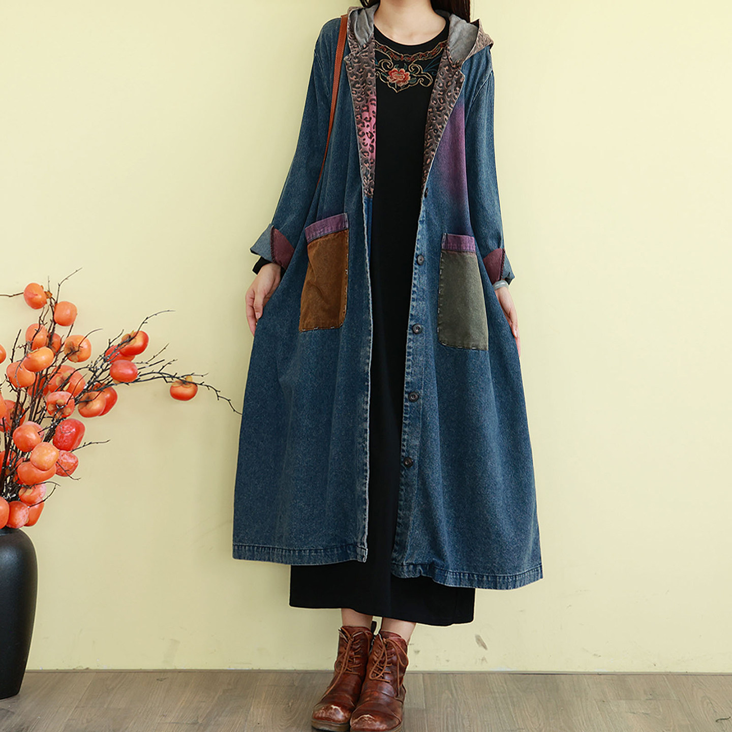 复古文艺连帽牛仔风衣外套女式春季长款过膝拼接豹纹褂子宽松森系,淘宝优惠券,粉丝福利购,淘宝优惠卷