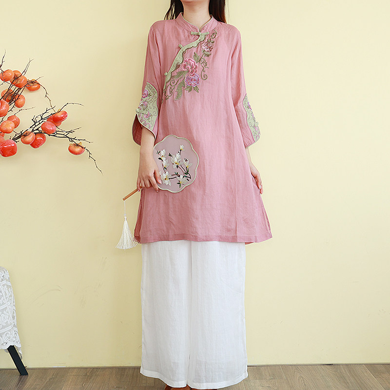 复古民国风纯苎麻刺绣衬衫女装春夏季中长款立领上衣宽松禅意茶服