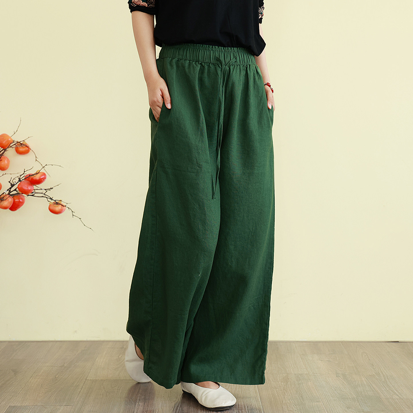 文艺休闲纯色亚麻阔腿裤女夏春款宽松时尚百搭松紧腰休闲裤长裤子,淘宝优惠券,粉丝福利购,淘宝优惠卷