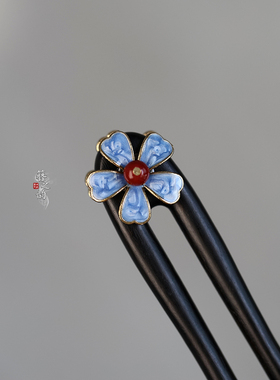 簪之韵【朝花夕拾】U型发簪花钗景泰蓝双面设计黑檀木发饰古典风