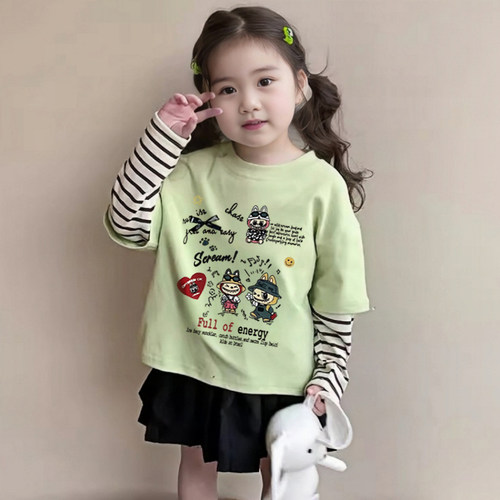 拉布布女童长袖t恤假两件纯棉条纹拼接打底衫女宝宝春秋穿搭上衣 - 图1
