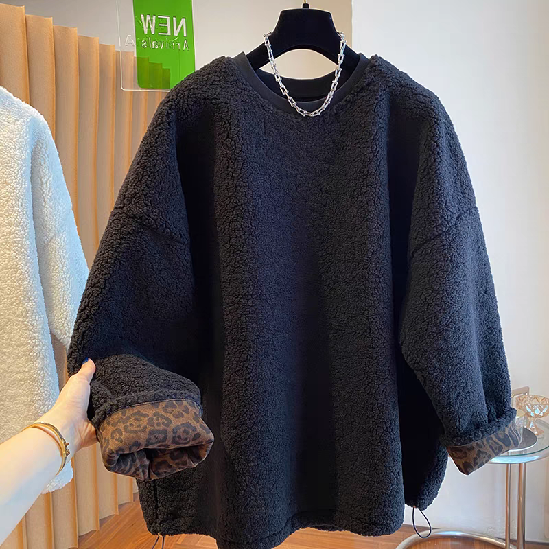 圆领羊羔毛卫衣冬大码女装胖mm加绒加厚慵懒风宽松套头毛茸茸上衣,淘宝优惠券,粉丝福利购,淘宝优惠卷