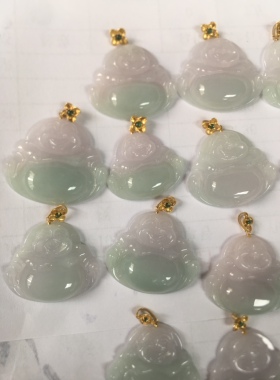18k金镶嵌缅甸A货天然翡翠玉 紫佛公 春彩佛公 双彩佛公