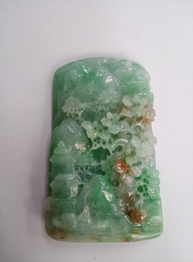 缅甸A货天然翡翠玉红绿双彩方山水牌吊坠 挂件