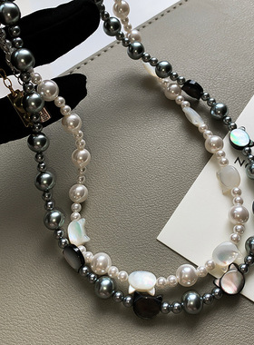 倪妮同款施家真多麻灰色珍珠项链女轻奢白黑猫咪气质颈链高端